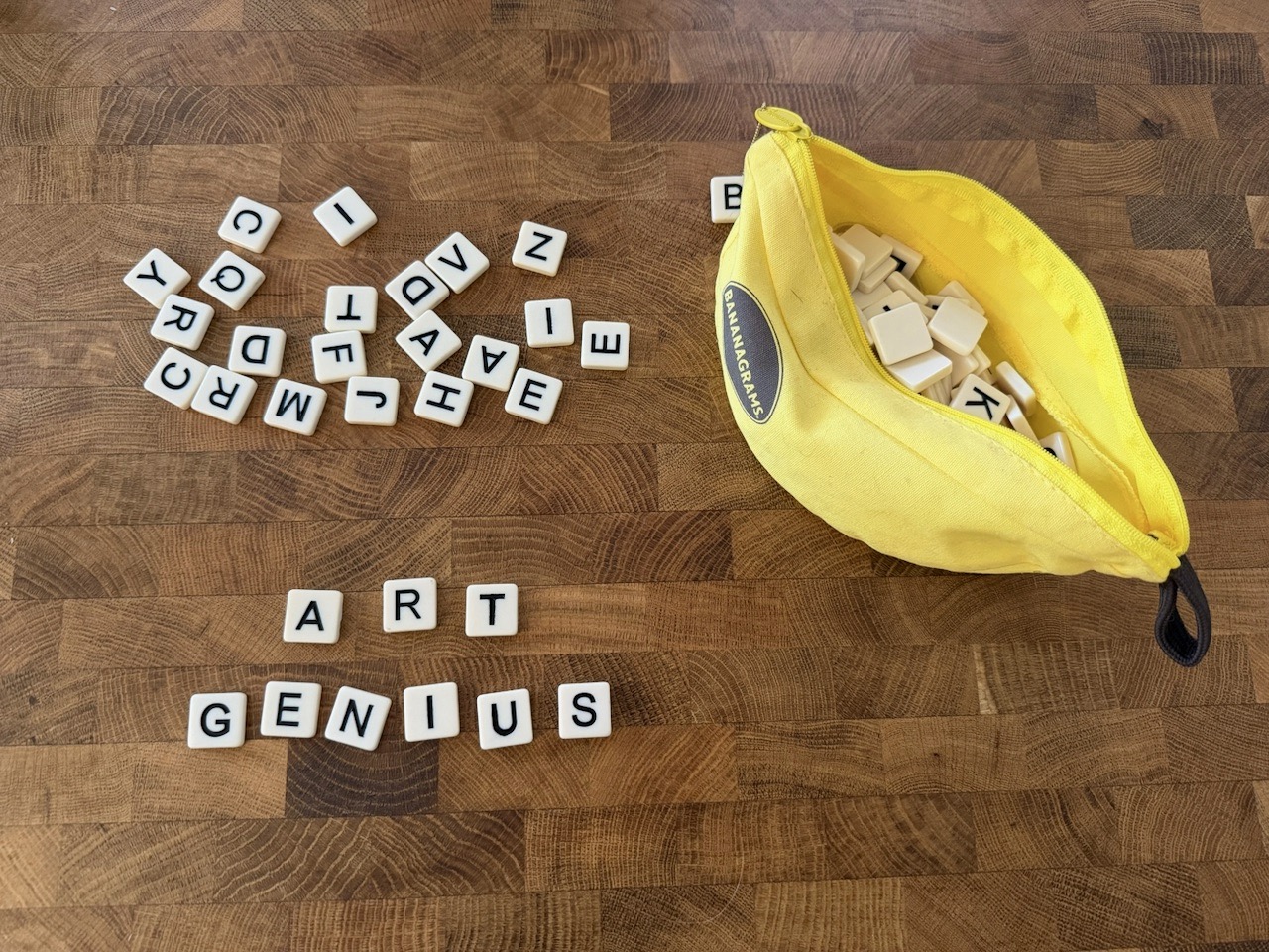 Bananagrams tiles on a table