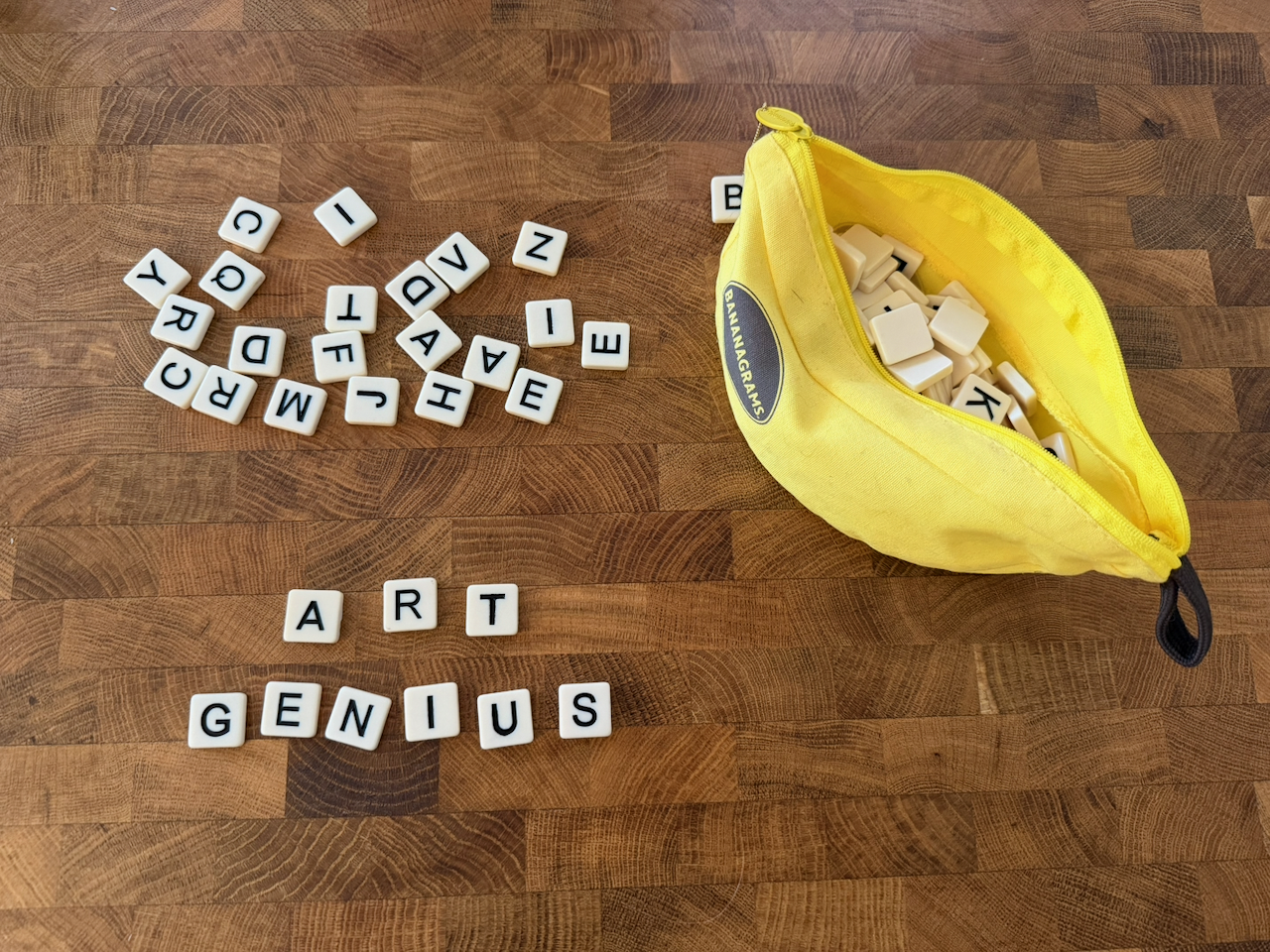 Bananagrams tiles on a table
